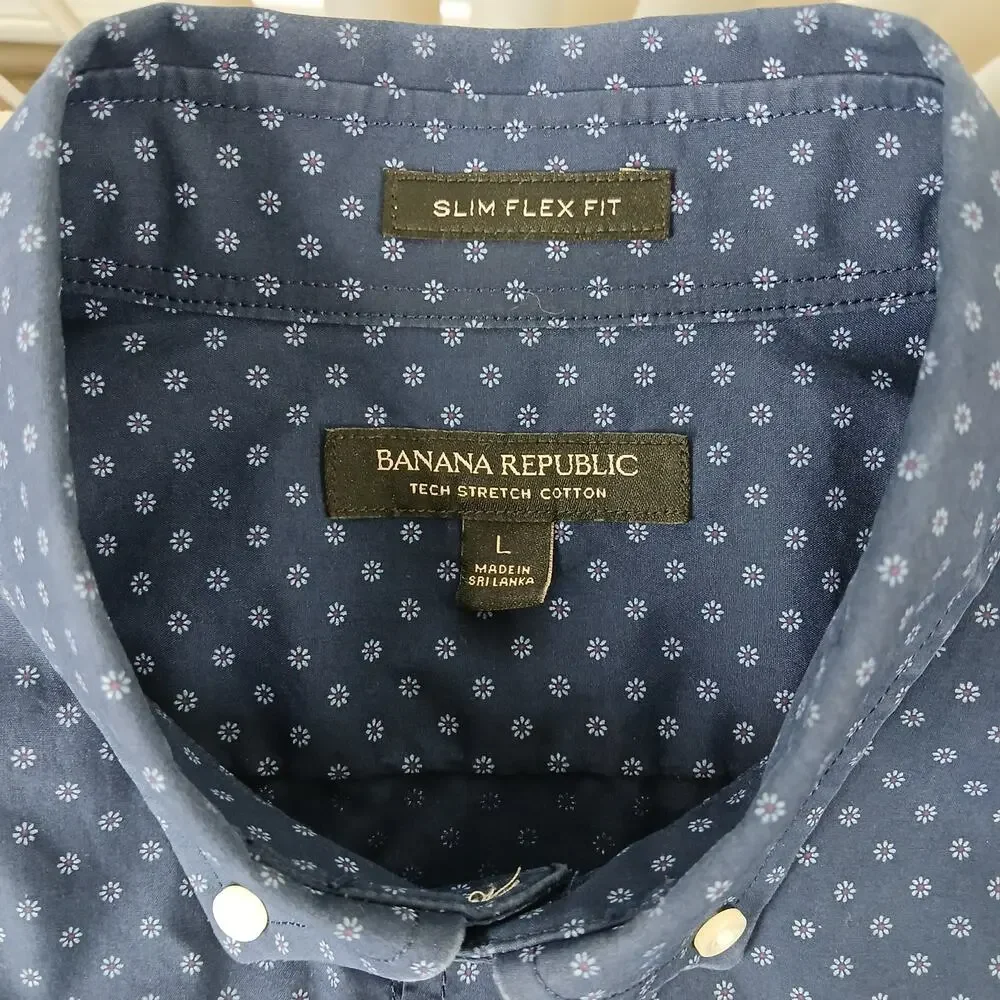 Banana Republic Slim Flex Fit Tech Stretch Cotton Shirt Mens L navy blue floral